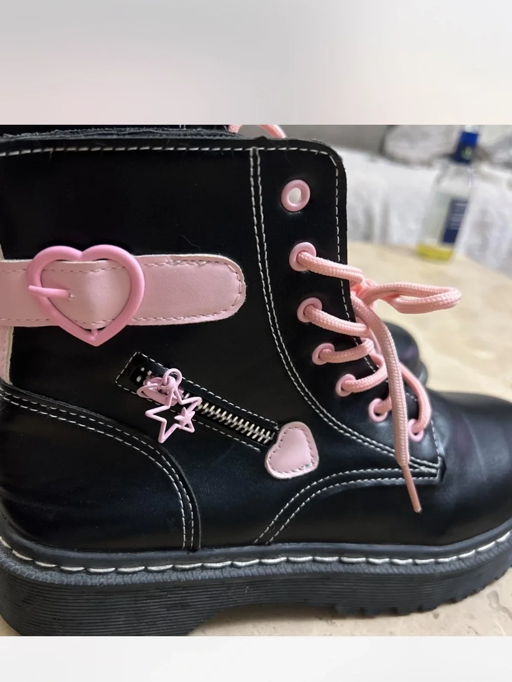 Black Combat Boots with Pink Laces